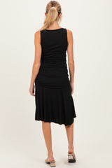 Black Ruched Sleeveless Drop Waist Maternity Midi Dress