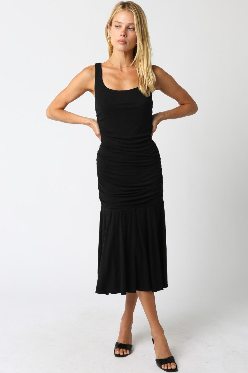 Black Ruched Sleeveless Drop Waist Midi Dress