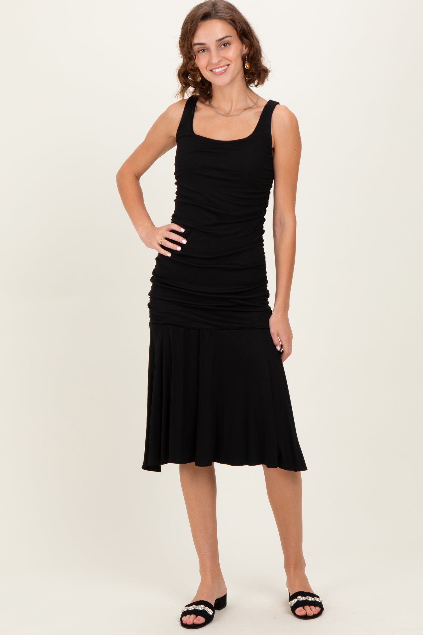 Black Ruched Sleeveless Drop Waist Midi Dress