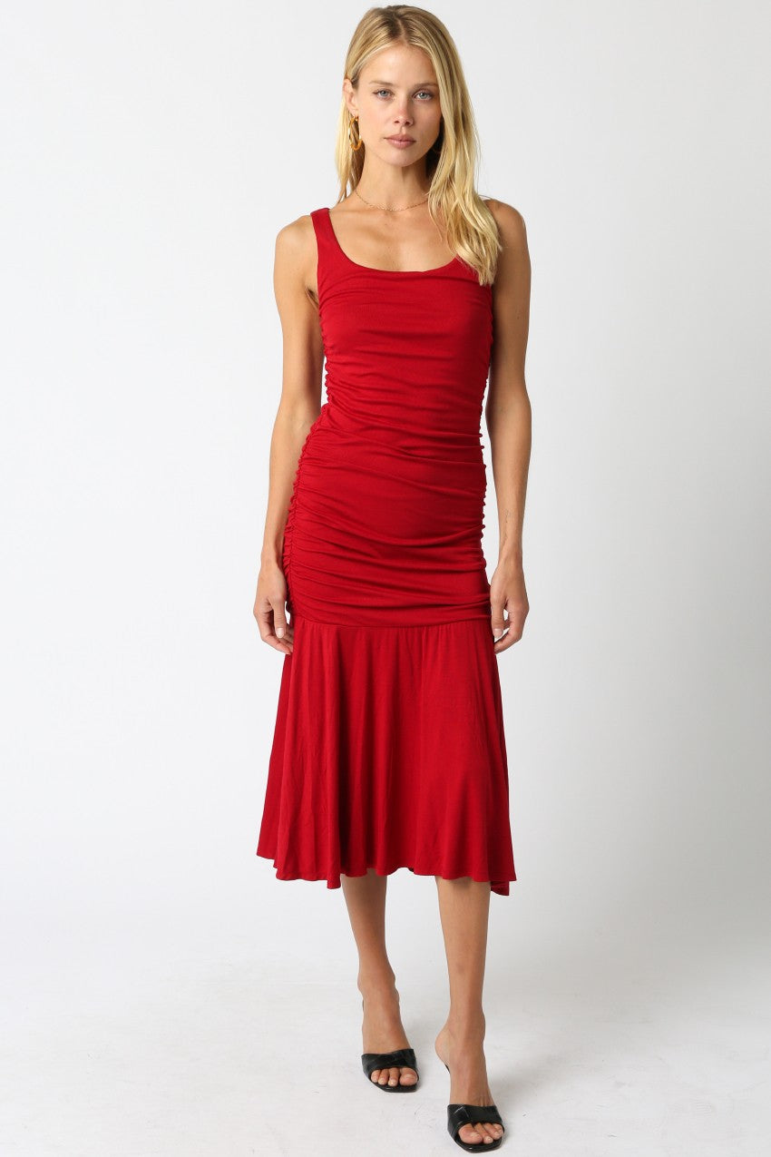 Red Ruched Sleeveless Drop Waist Midi Dress