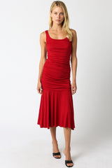 Red Ruched Sleeveless Drop Waist Midi Dress