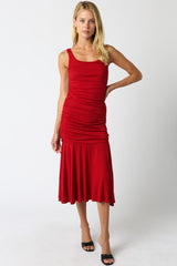 Red Ruched Sleeveless Drop Waist Midi Dress