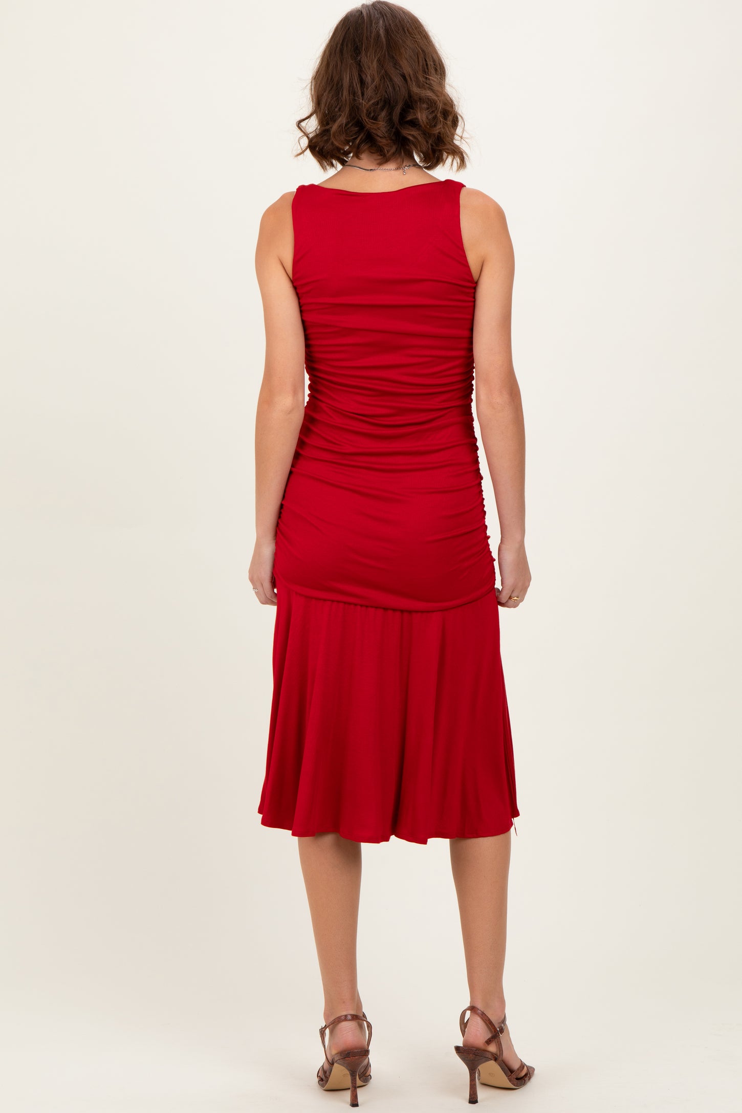 Red Ruched Sleeveless Drop Waist Midi Dress