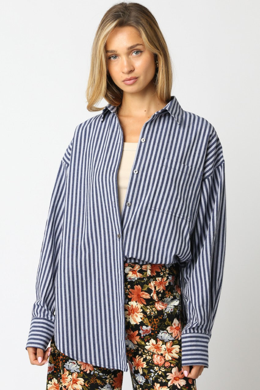 Navy Striped Linen Blend Maternity Button Down Shirt