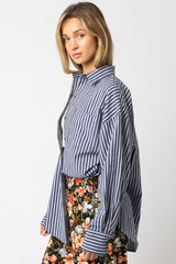 Navy Striped Linen Blend Button Down Shirt