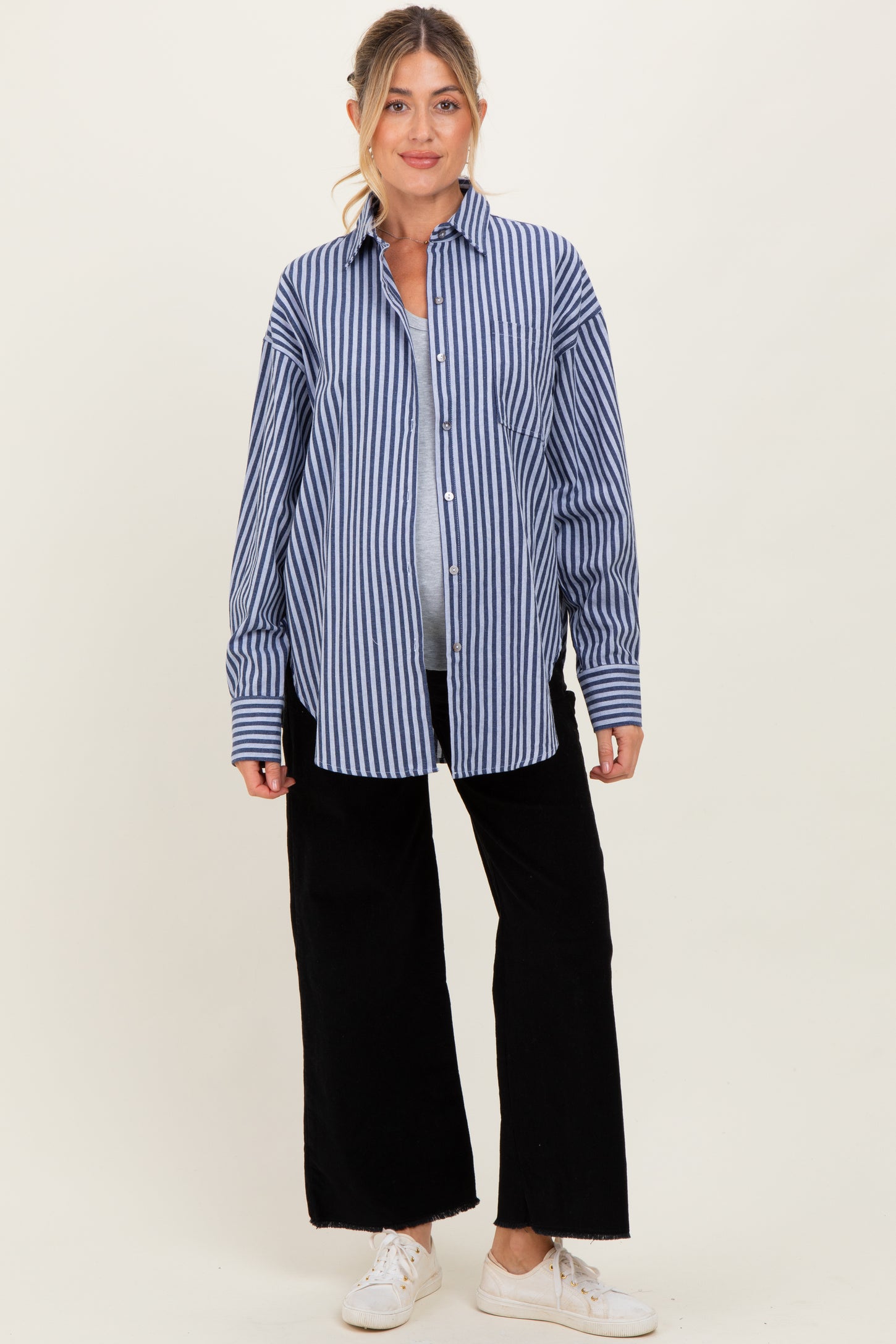 Navy Striped Linen Blend Maternity Button Down Shirt
