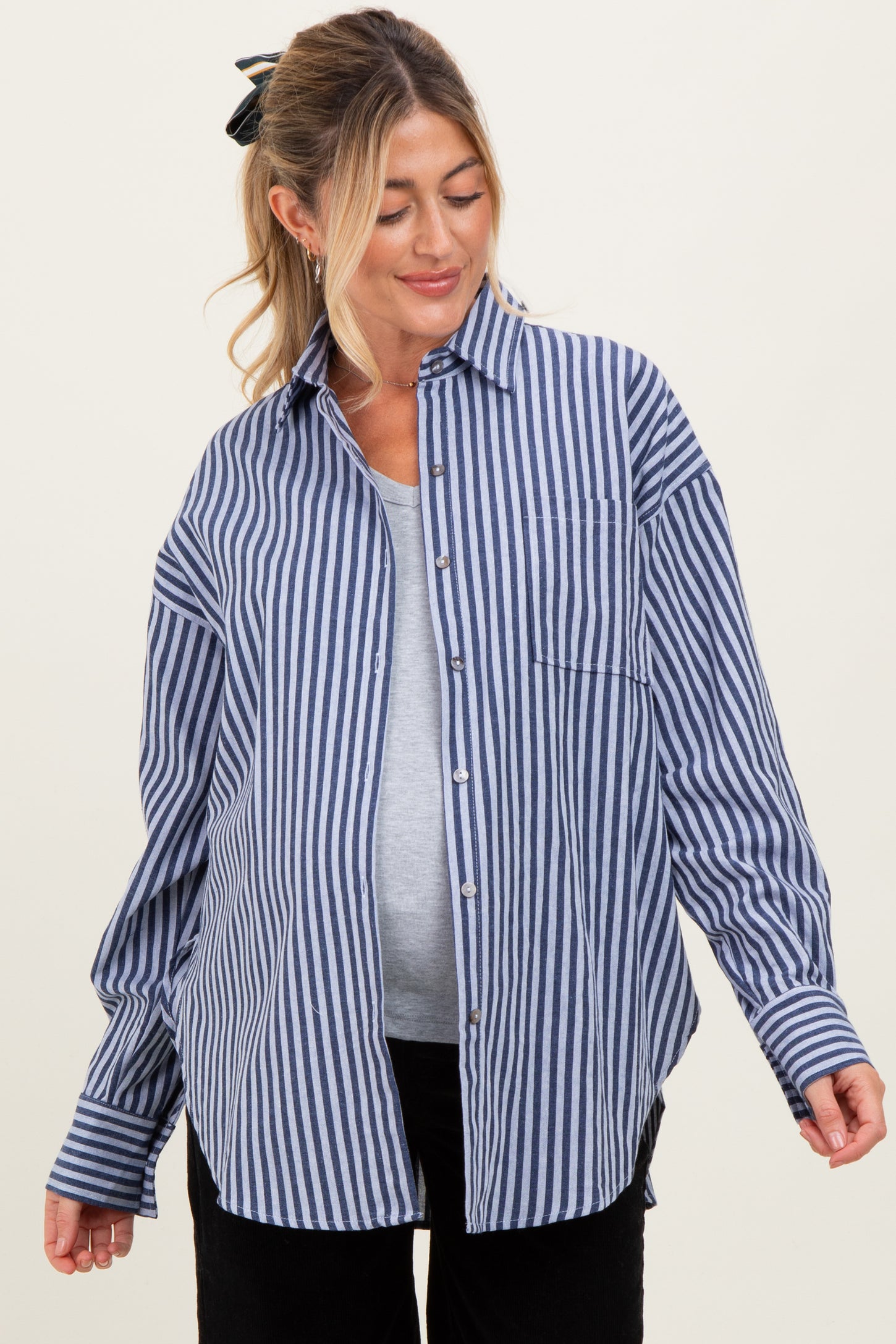Navy Striped Linen Blend Maternity Button Down Shirt