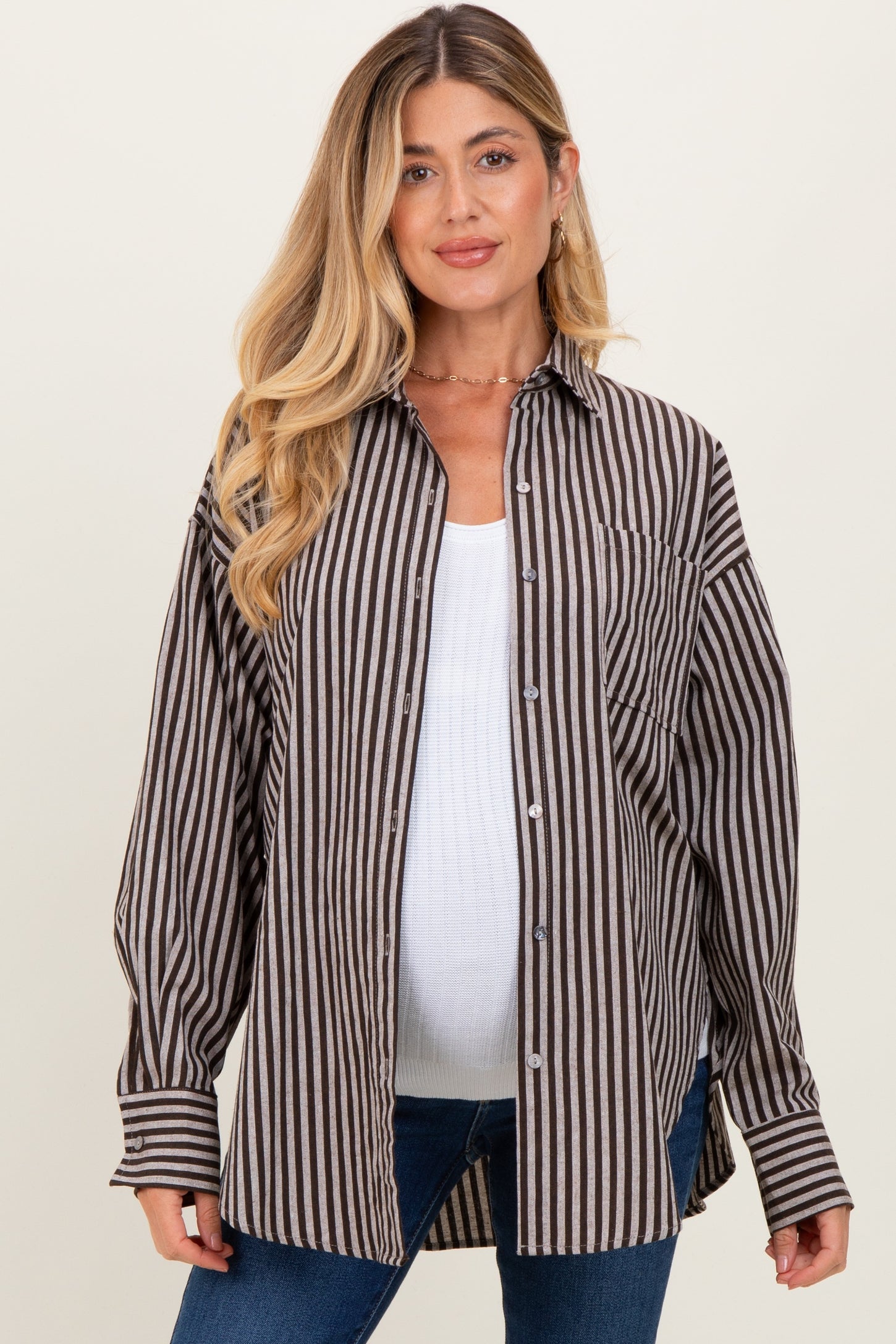 Brown Striped Linen Blend Maternity Button Down Shirt