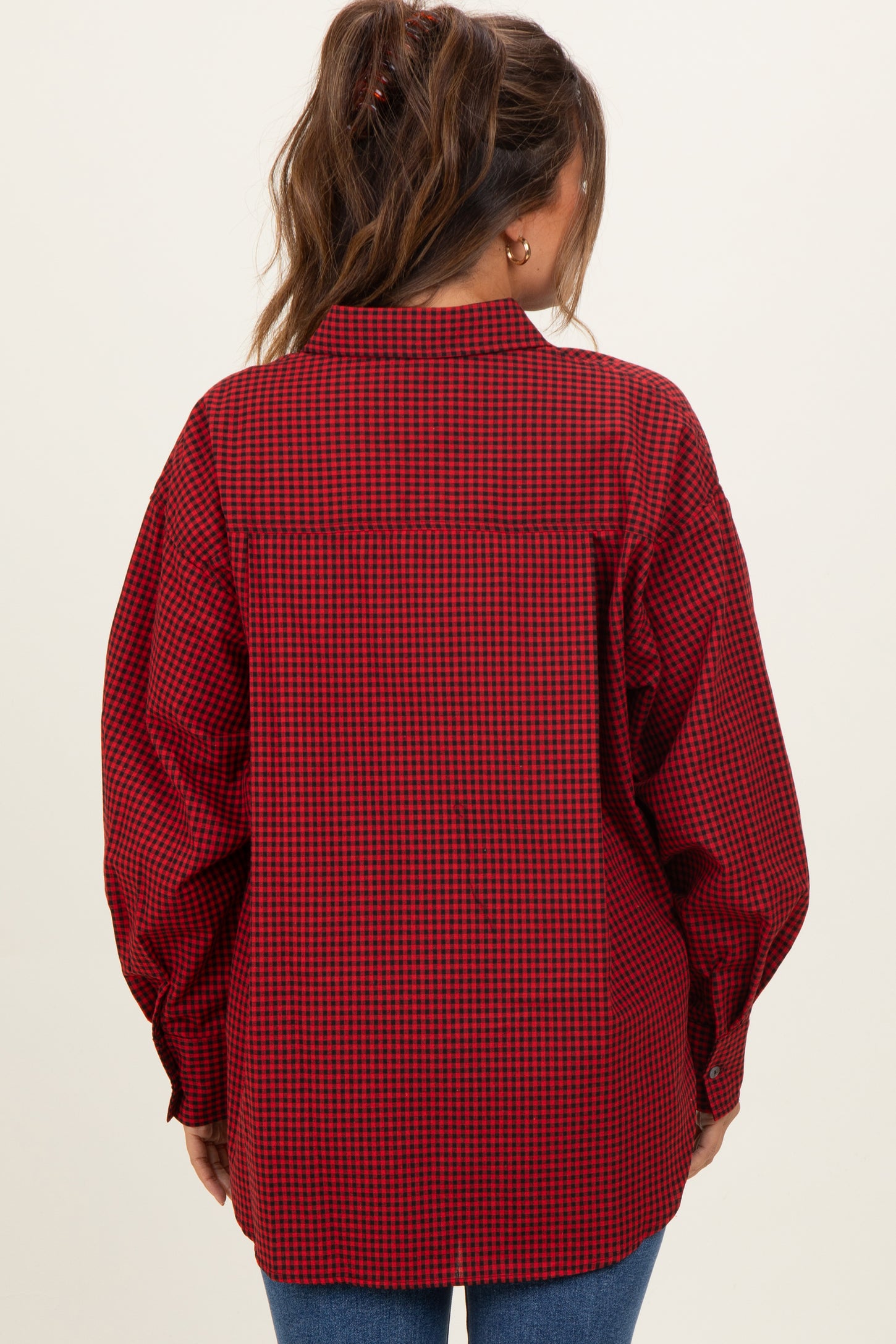 Red Plaid Linen Blend Maternity Button Down Shirt