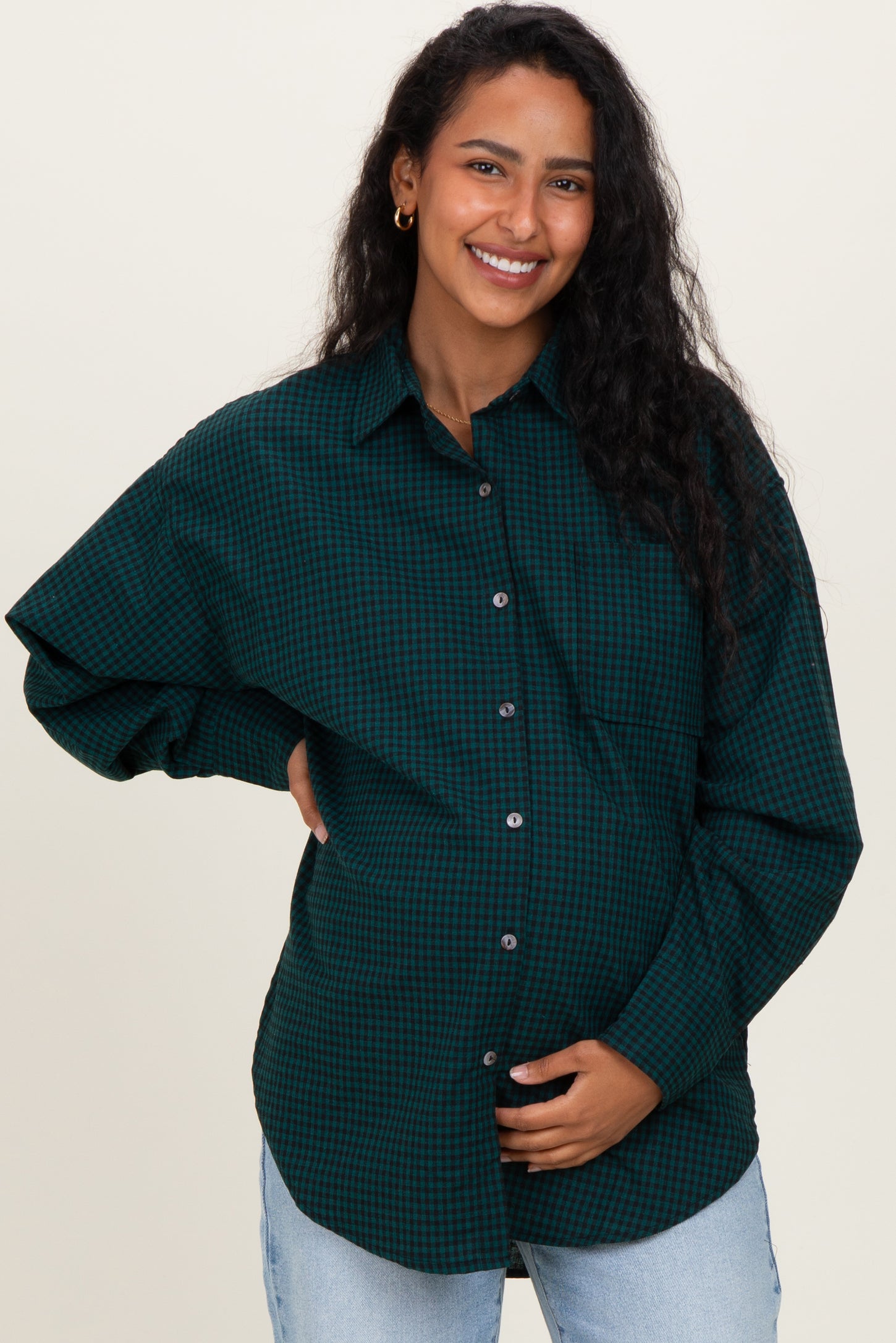 Forest Green Plaid Linen Blend Maternity Button Down Shirt