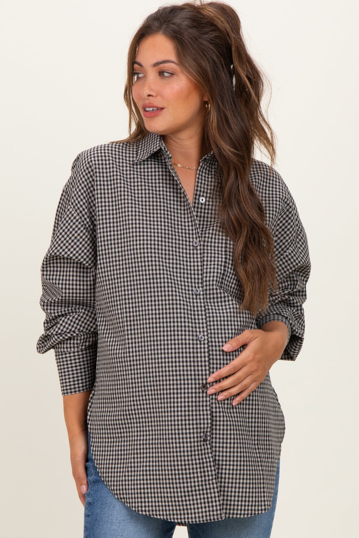 Ivory Plaid Linen Blend Maternity Button Down Shirt