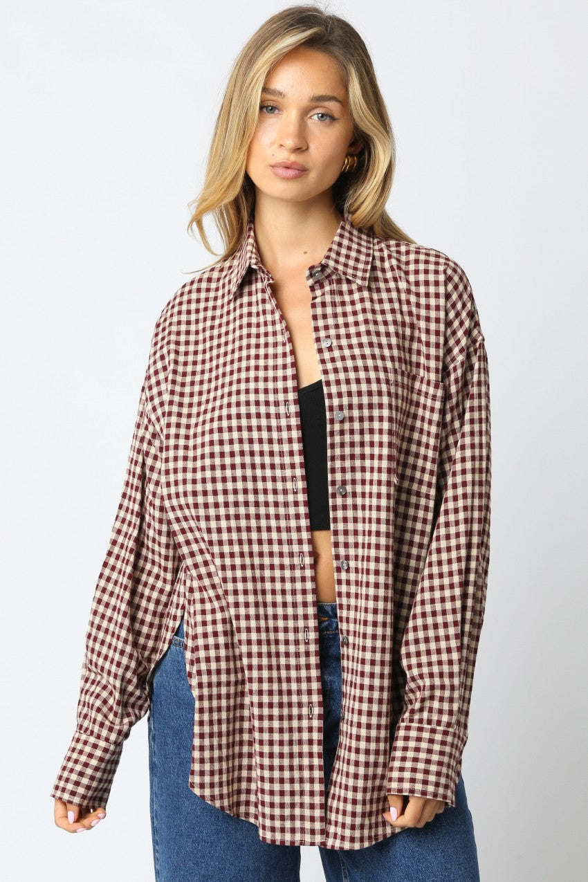 Burgundy Gingham Button Down Shirt