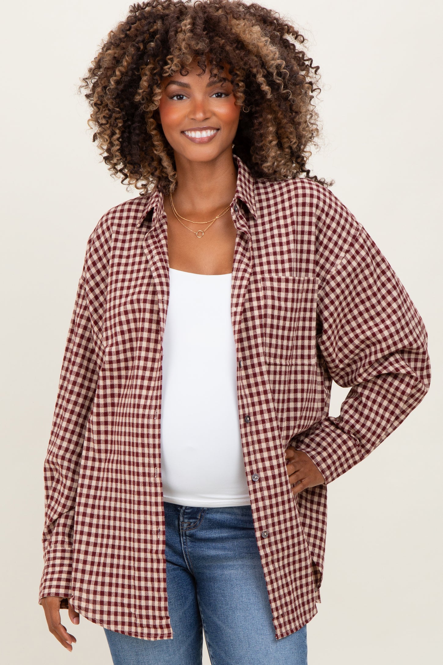 Burgundy Gingham Maternity Button Down Shirt