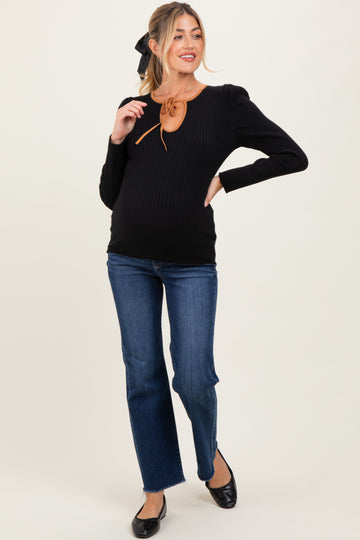 Black Ribbed Knit Cutout Tie Front Maternity Top