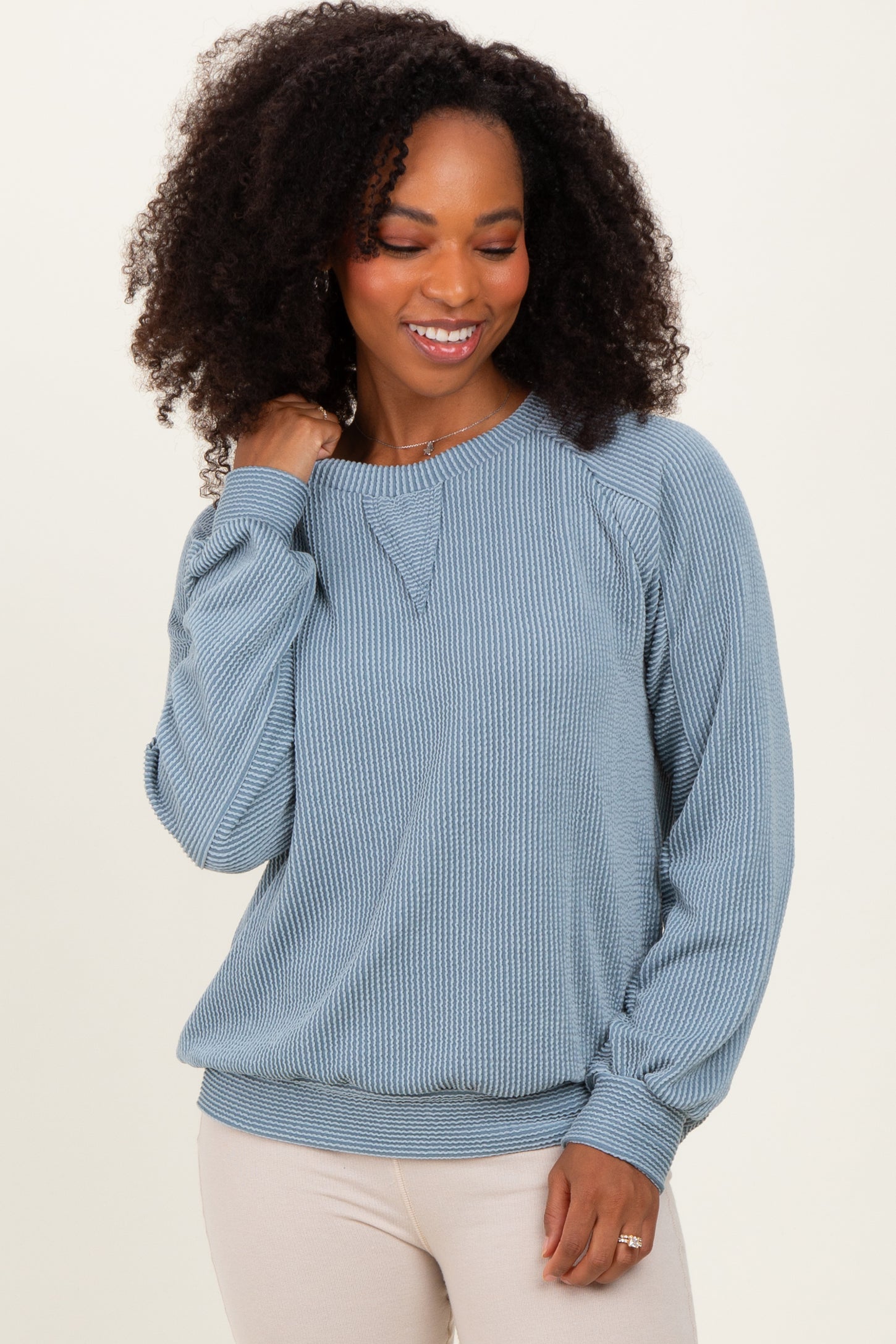 Blue Textured Rib Knit Maternity Pullover