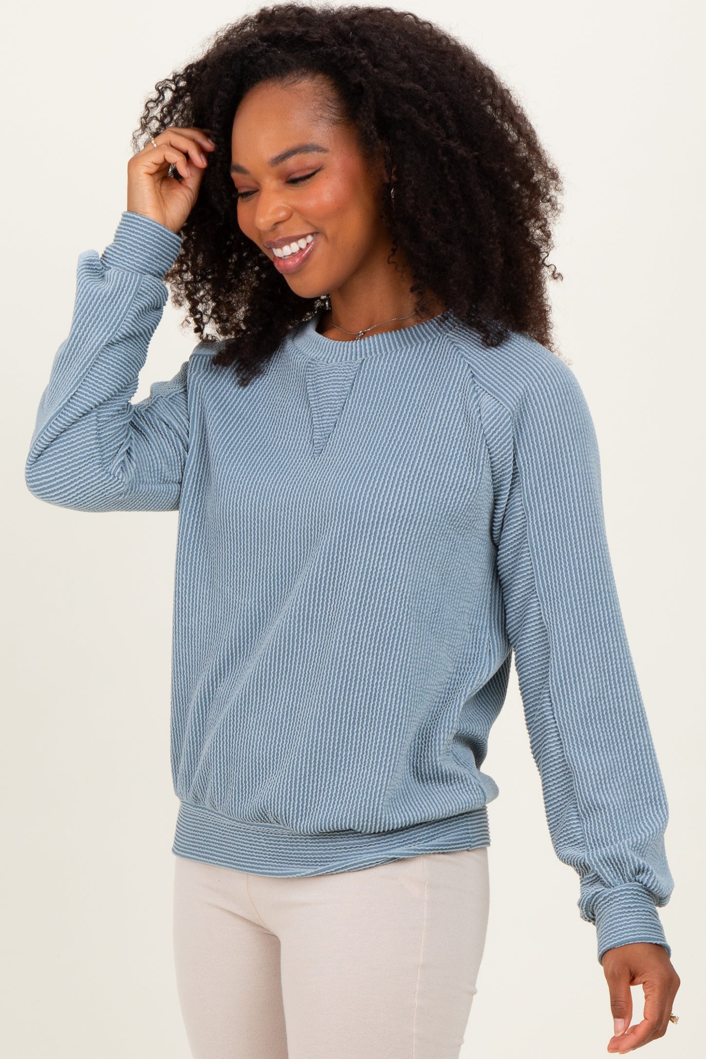 Blue Textured Rib Knit Pullover