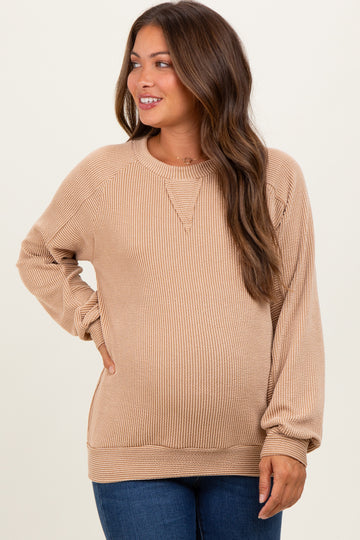 Camel Textured Rib Knit Maternity Pullover