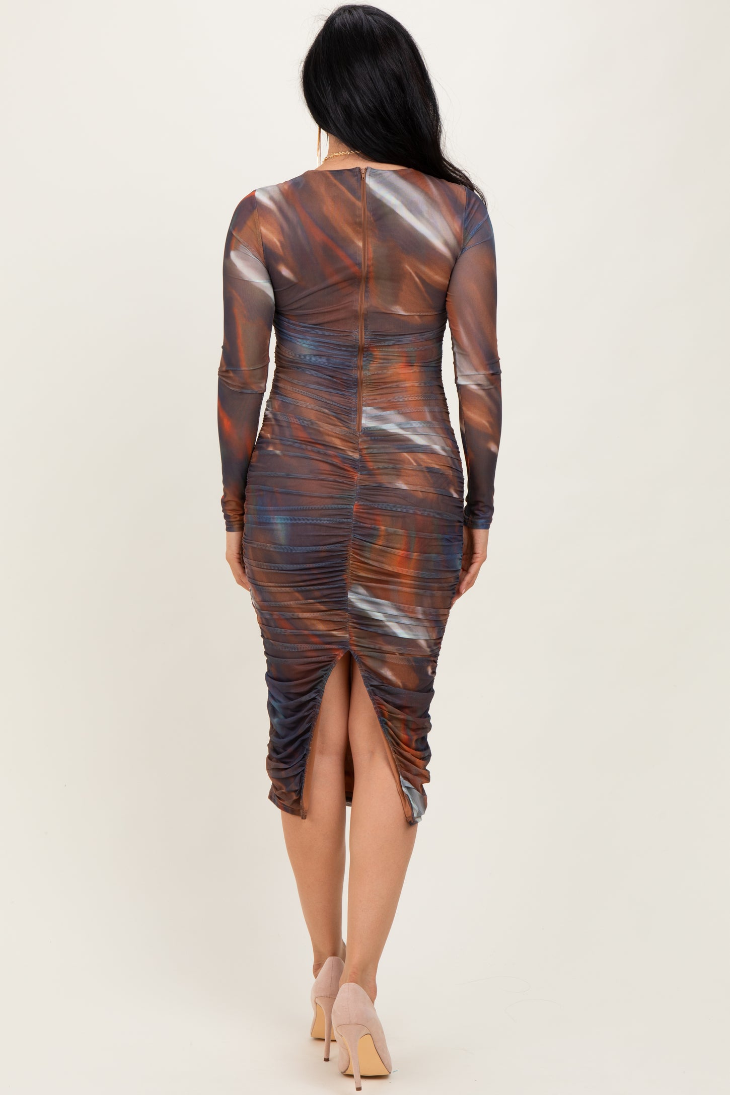 Multicolor Printed Mesh Ruched Long Sleeve Midi Dress