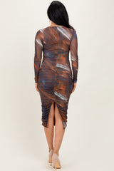 Multicolor Printed Mesh Ruched Long Sleeve Midi Dress