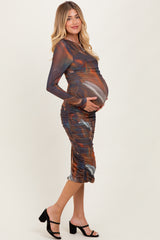 Multicolor Printed Mesh Ruched Long Sleeve Maternity Midi Dress