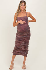 Mauve Printed Metallic Ruched Maternity Midi Dress
