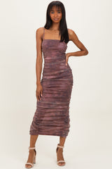 Mauve Printed Metallic Ruched Maternity Midi Dress