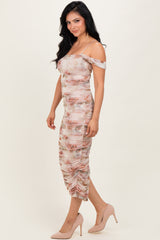 Cream Rose Floral Mesh Ruched Off Shoulder Midi Dress