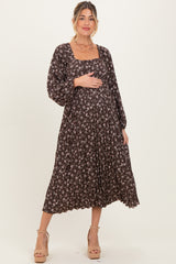 Brown Floral Long Sleeve Maternity Midi Dress