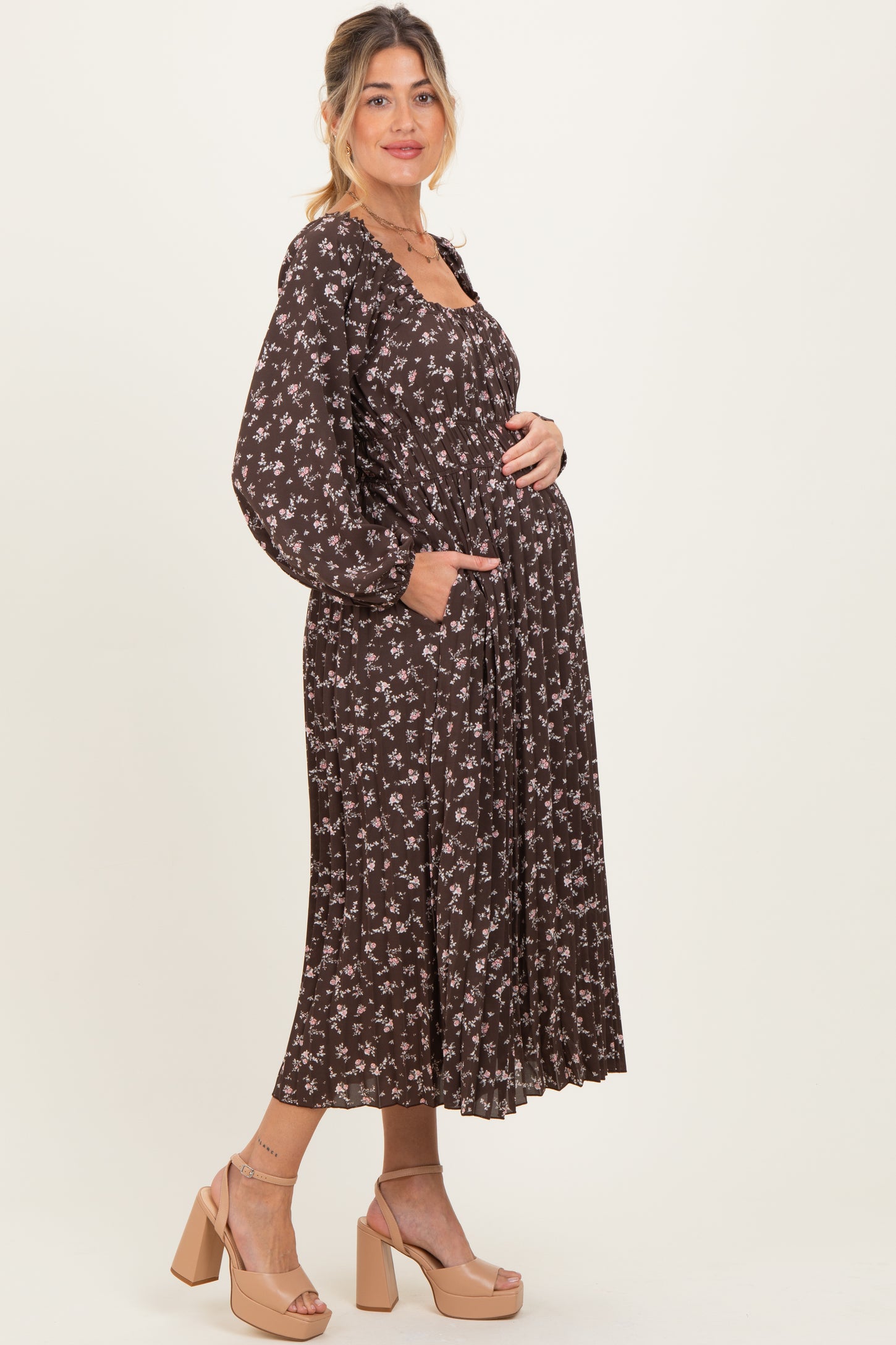 Brown Floral Long Sleeve Maternity Midi Dress