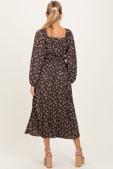 Brown Floral Long Sleeve Maternity Midi Dress