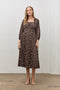 Brown Floral Long Sleeve Midi Dress