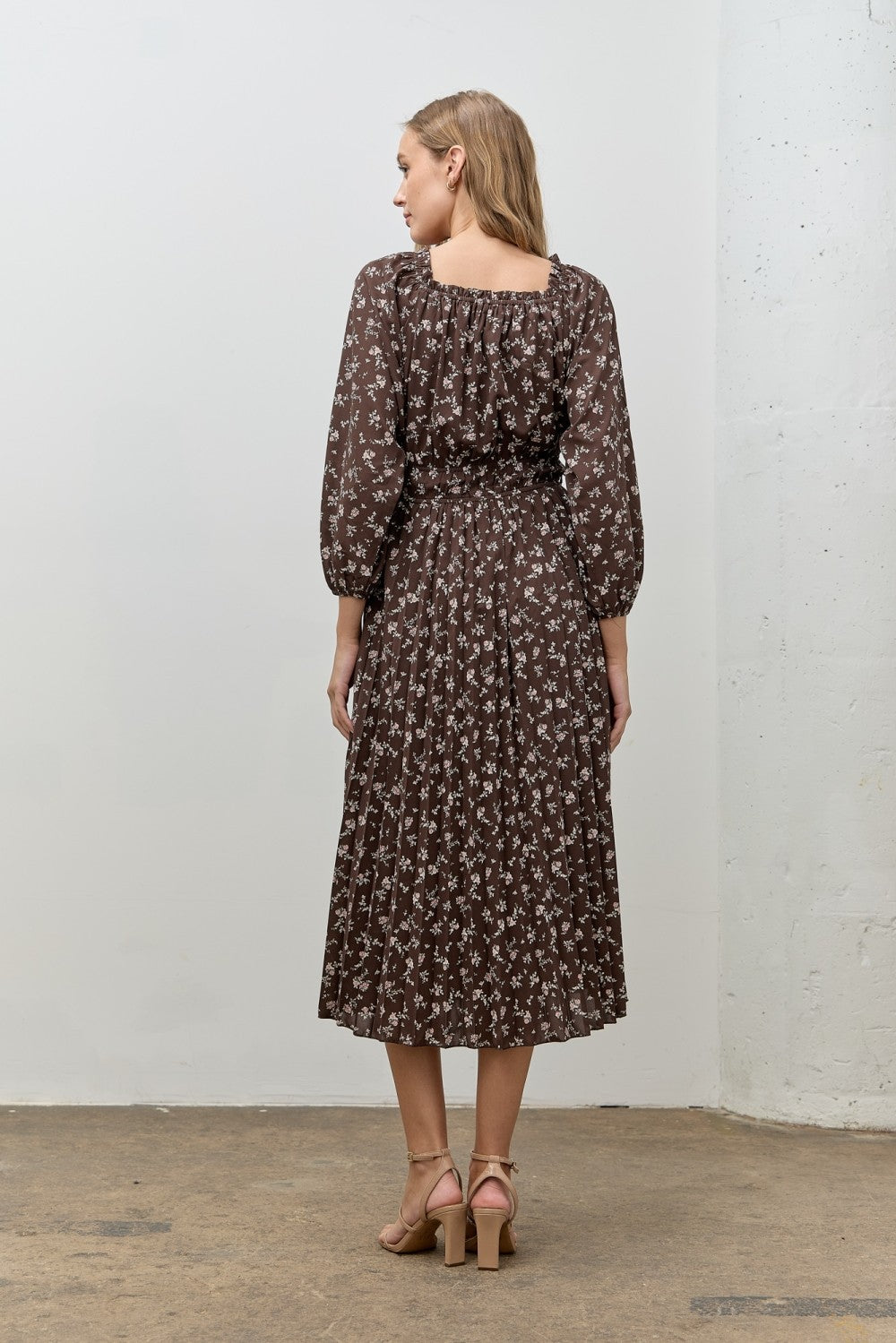 Brown Floral Long Sleeve Midi Dress