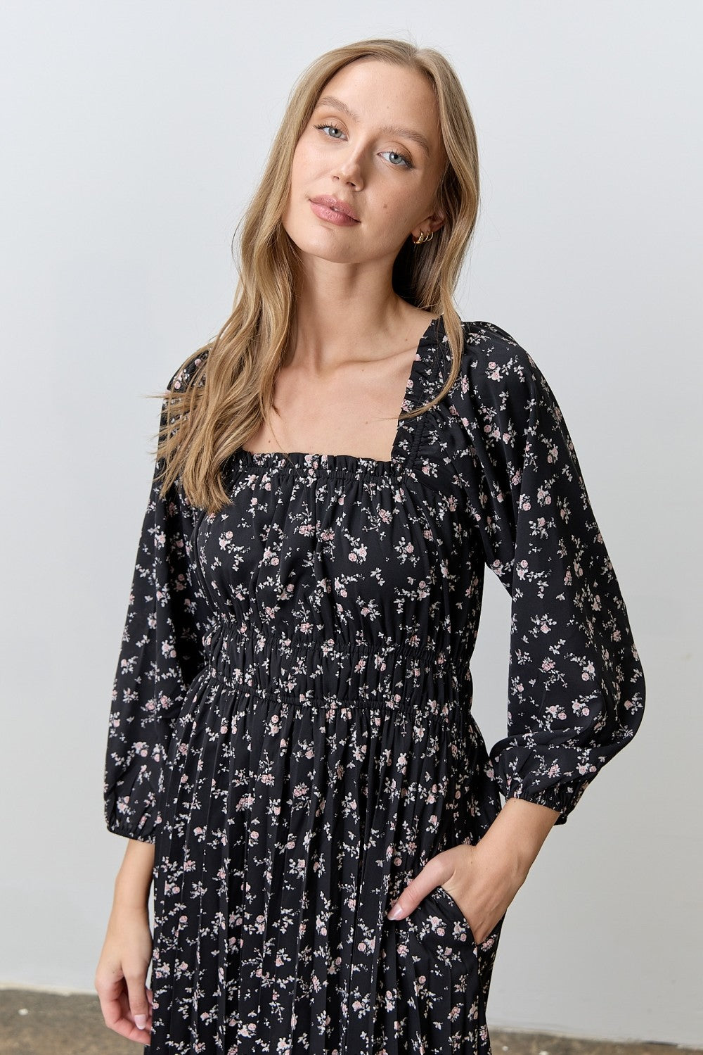 Black Floral Long Sleeve Midi Dress