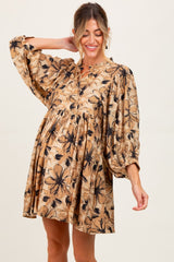 Camel Floral Front Tie Bubble Sleeve Maternity Mini Dress