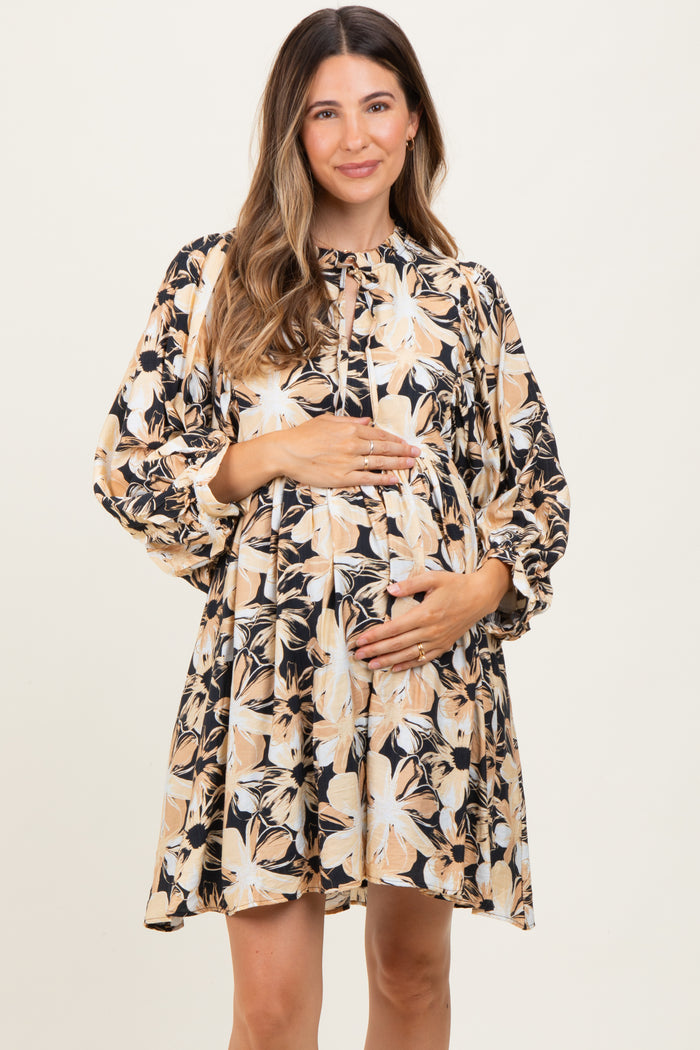 Black Floral Front Tie Bubble Sleeve Maternity Mini Dress