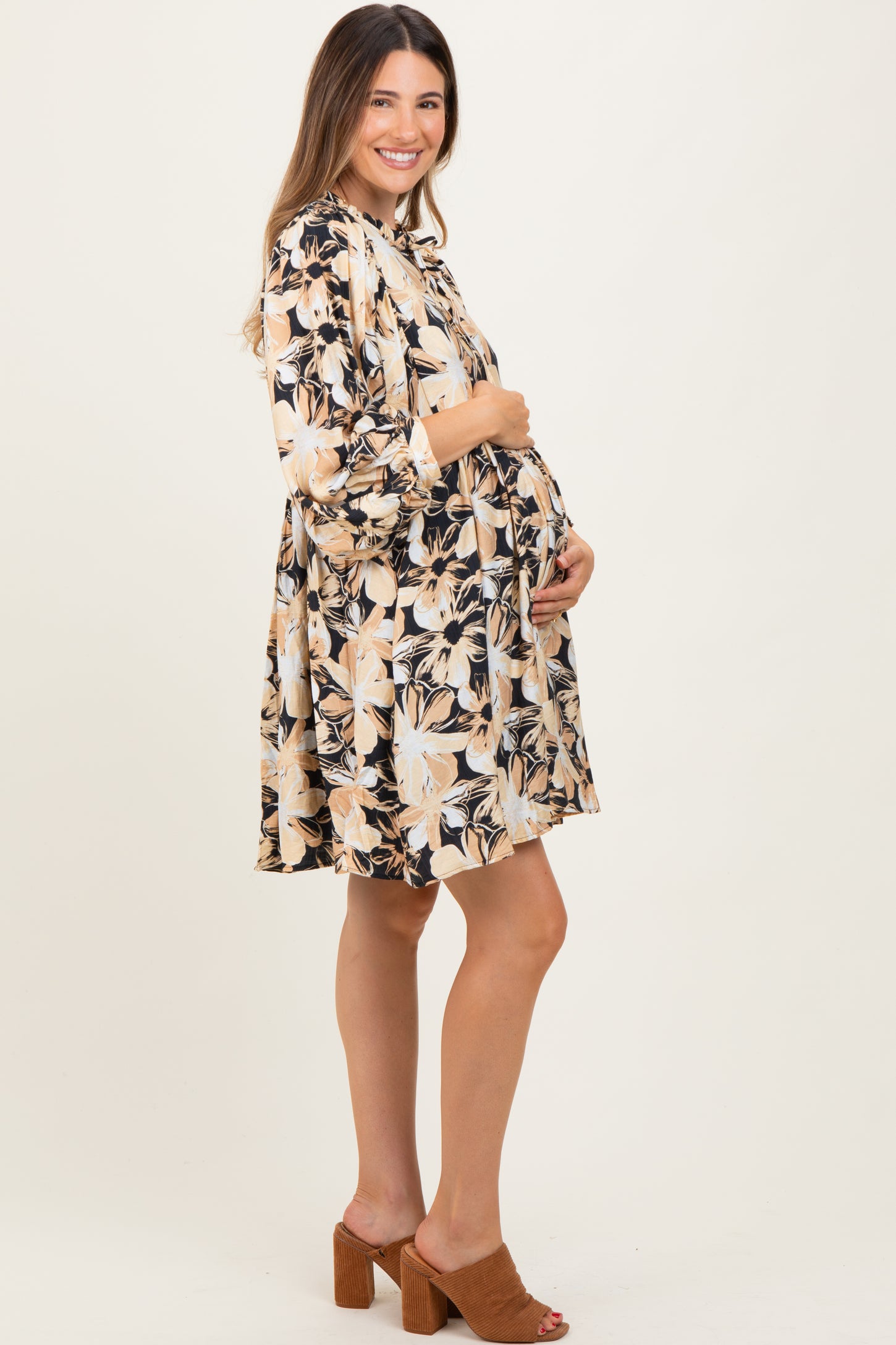 Black Floral Front Tie Bubble Sleeve Maternity Mini Dress