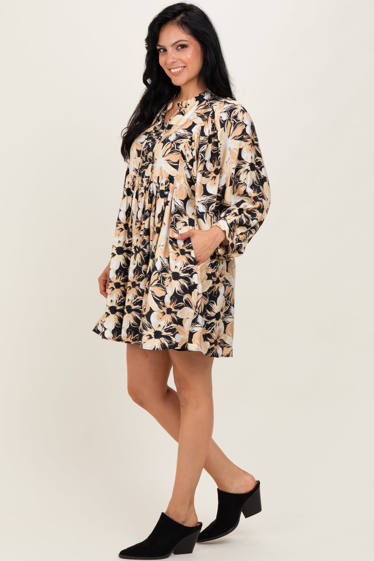 Black Floral Front Tie Bubble Sleeve Mini Dress