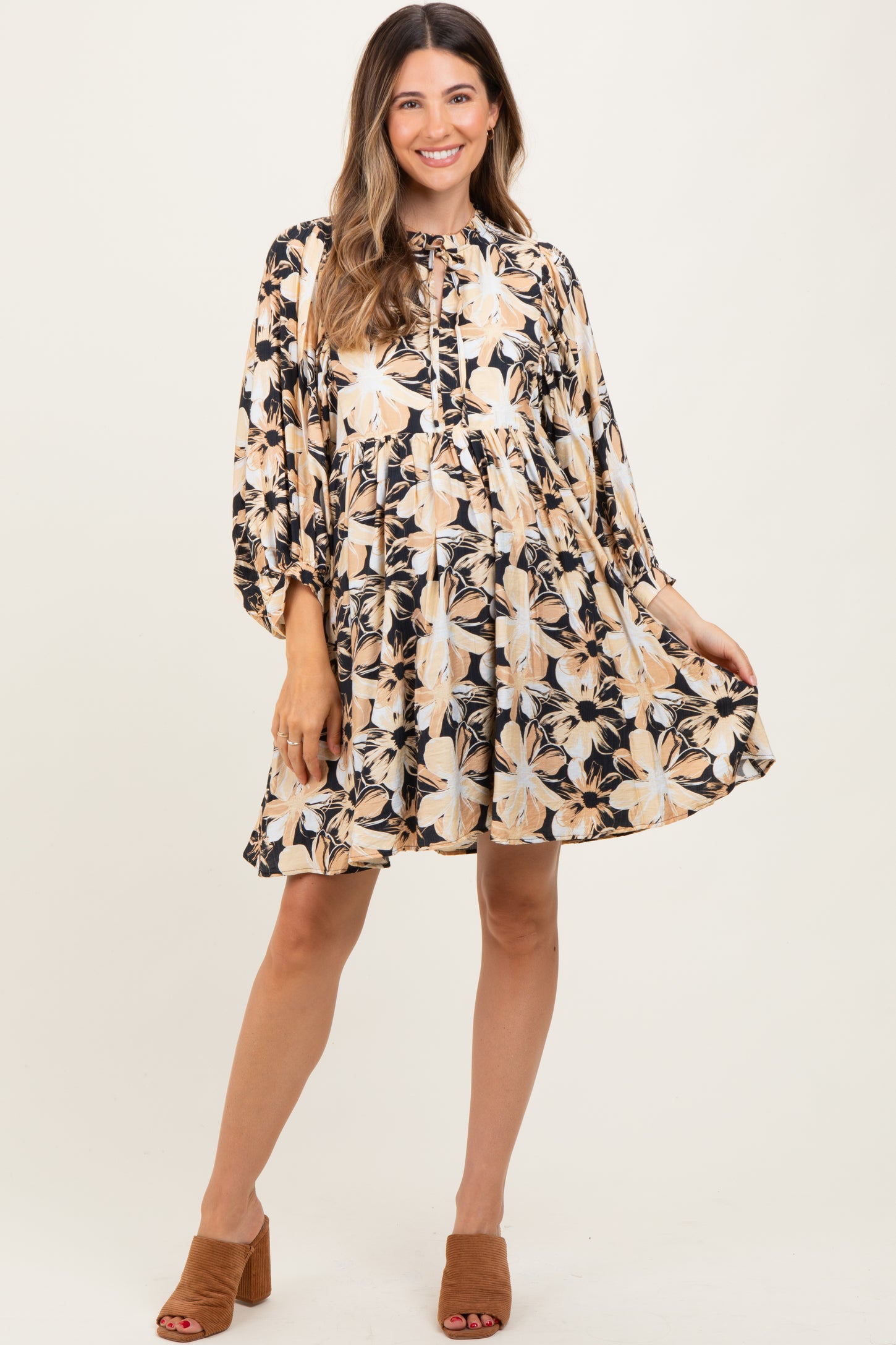 Black Floral Front Tie Bubble Sleeve Maternity Mini Dress