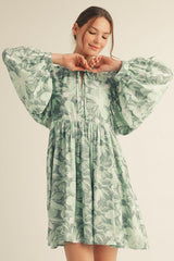 Light Olive Floral Front Tie Bubble Sleeve Mini Dress