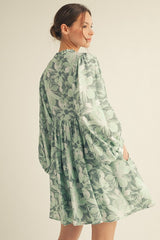 Light Olive Floral Front Tie Bubble Sleeve Mini Dress