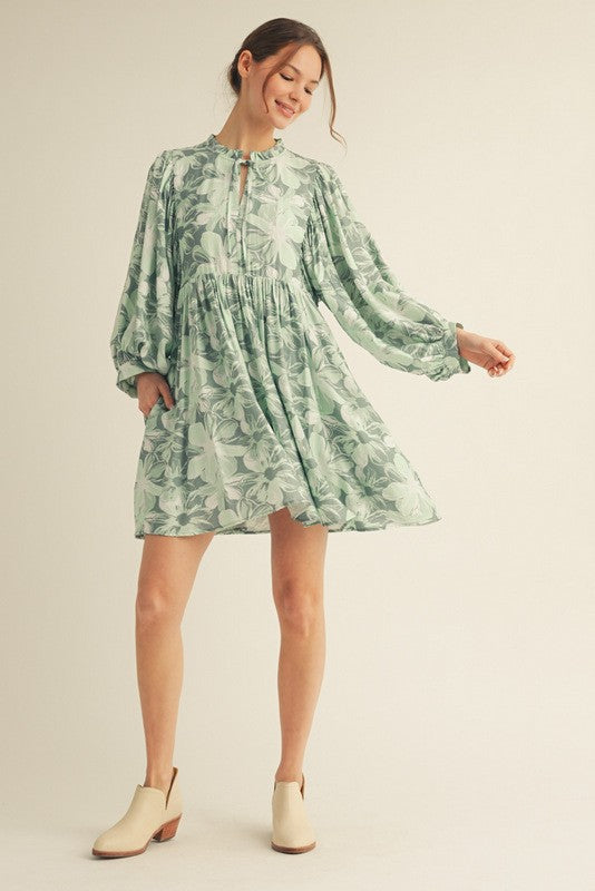 Light Olive Floral Front Tie Bubble Sleeve Mini Dress