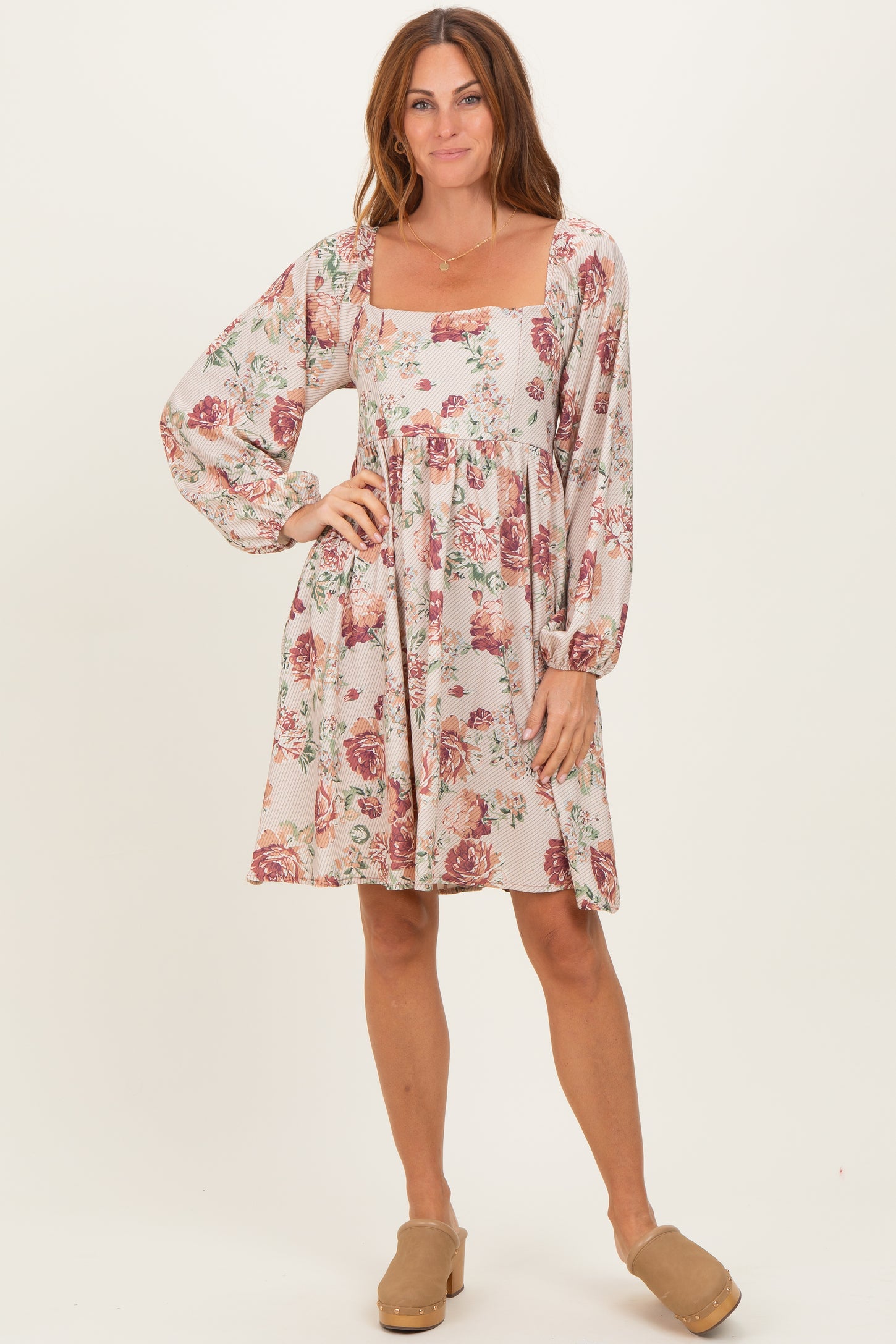 Cream Rose Floral Long Sleeve Dress