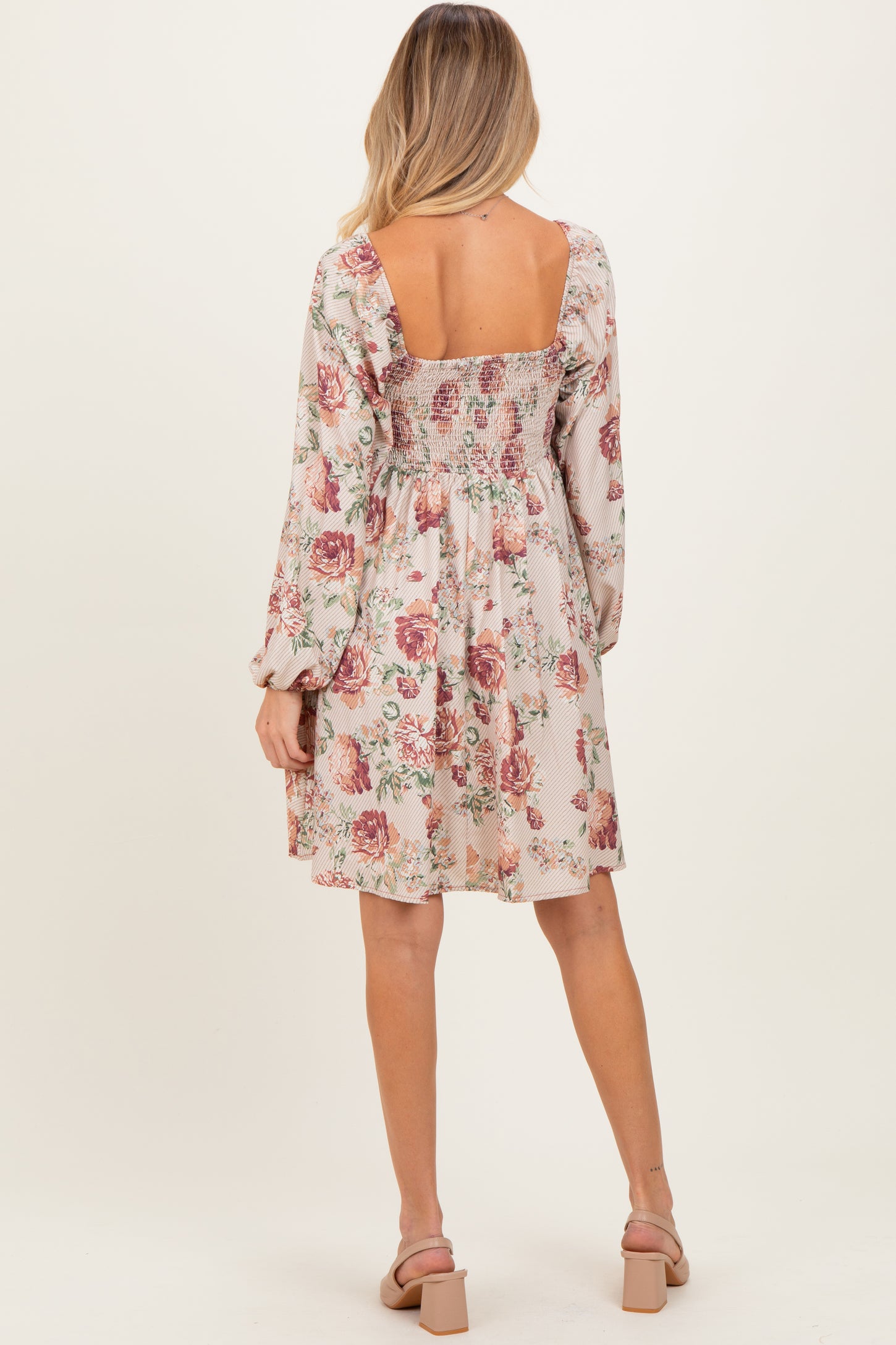 Cream Rose Floral Long Sleeve Maternity Dress