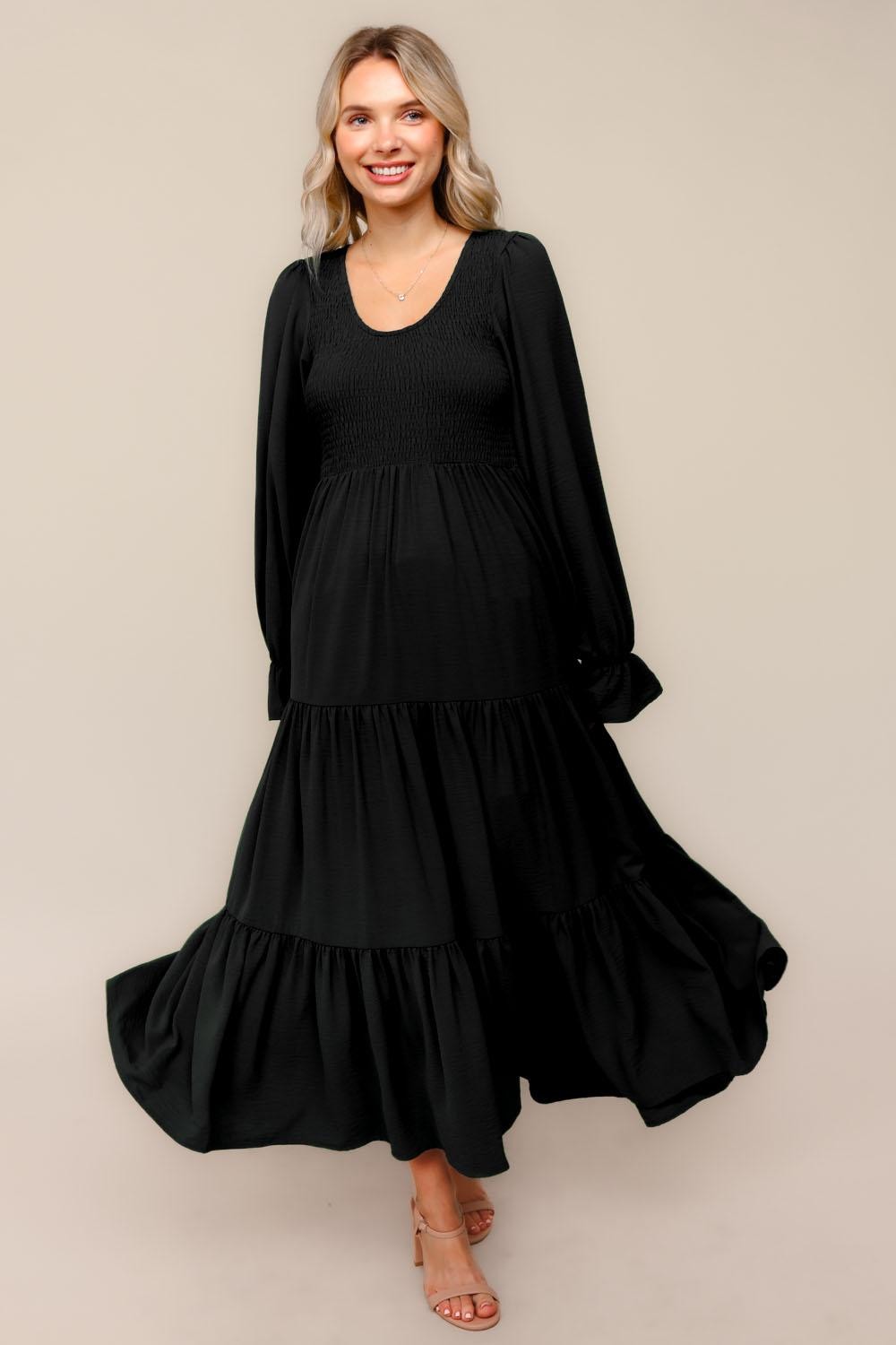 Black Smocked Tiered Long Sleeve Maxi Dress