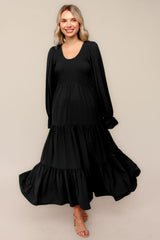 Black Smocked Tiered Long Sleeve Maternity Maxi Dress