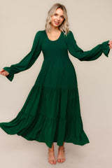 Forest Green Smocked Tiered Long Sleeve Maxi Dress