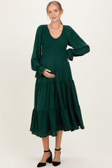 Forest Green Smocked Tiered Long Sleeve Maternity Maxi Dress
