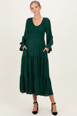 Forest Green Smocked Tiered Long Sleeve Maternity Maxi Dress