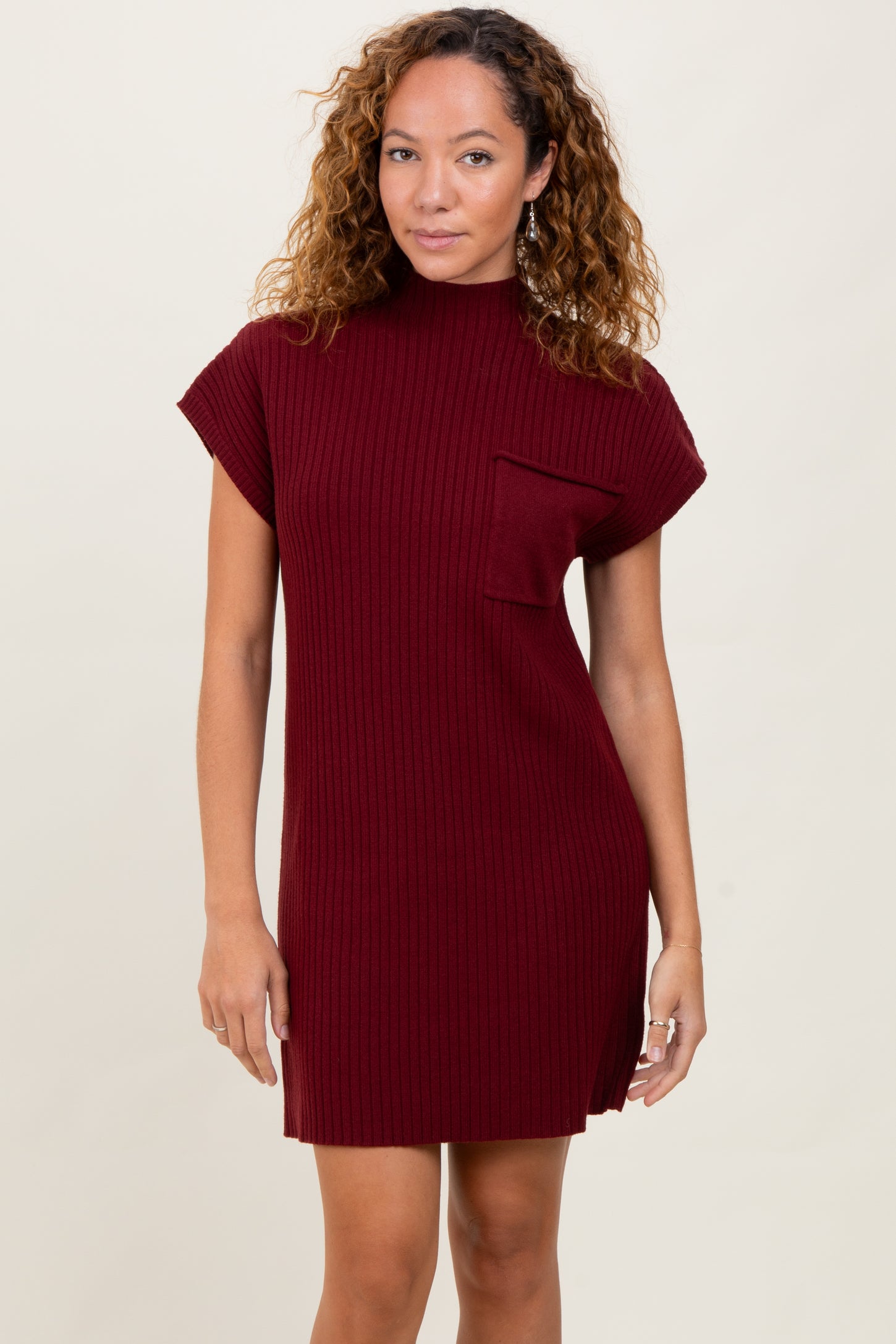 Burgundy Ribbed Knit Short Sleeve Sweater Dress