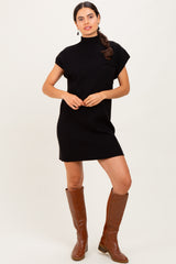 Black Ribbed Knit Short Sleeve Sweater Dress